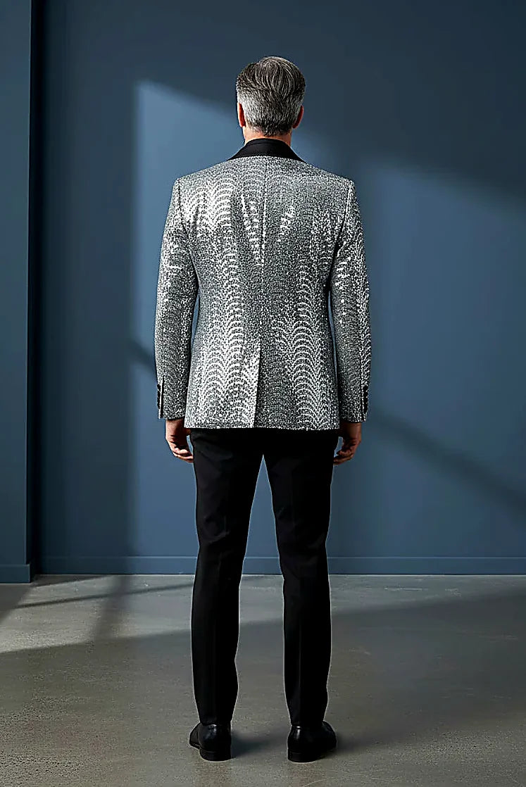 silver sequins beneath a luxurious satin shawl lapel, on this silver Sequin Blazer