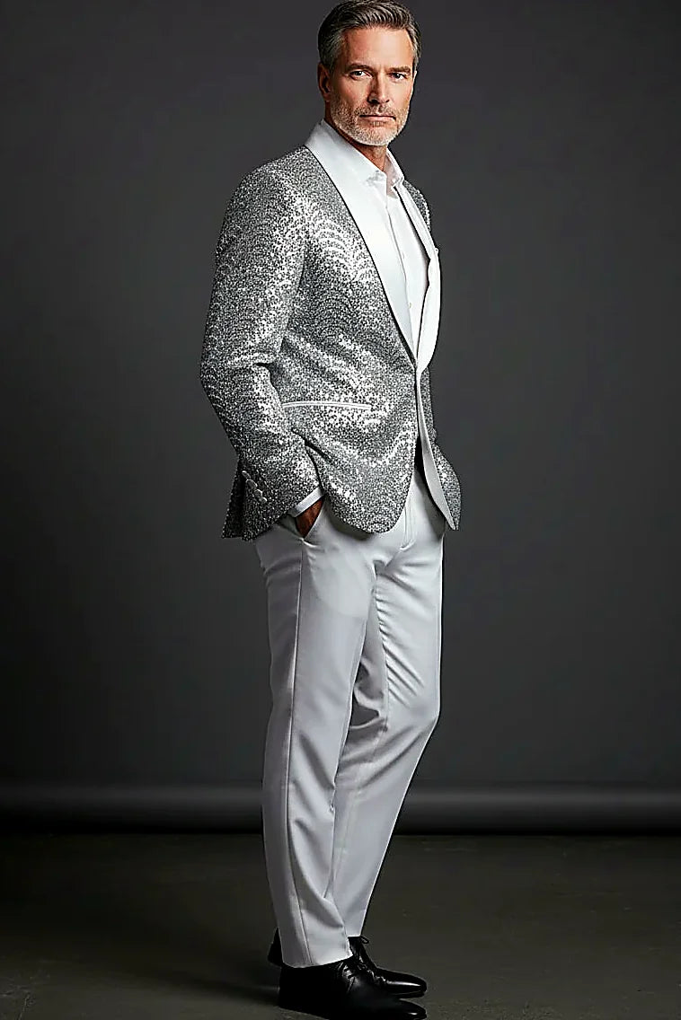 Men's Silver Sequin Blazer - Slim Fit Shawl Lapel Formal Jacket