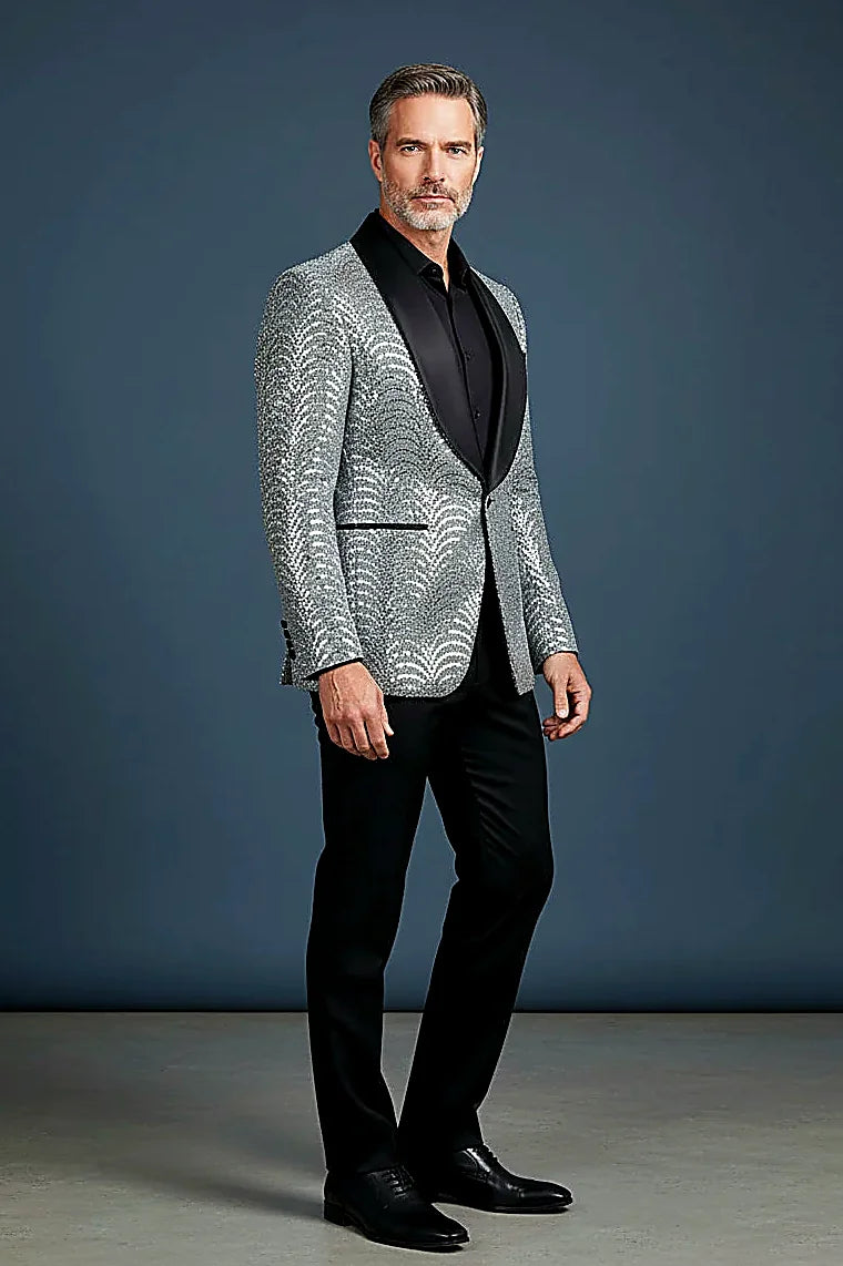 Men's Silver Sequin Blazer - Slim Fit Shawl Lapel Formal Jacket