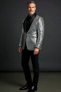 Silver Sequin Blazer — silver sequins beneath a luxurious satin shawl lapel