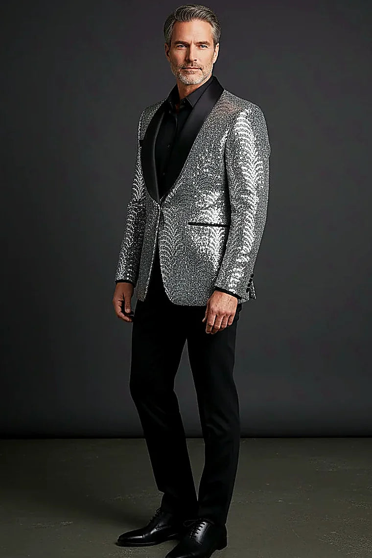 Silver Sequin Blazer — silver sequins beneath a luxurious satin shawl lapel