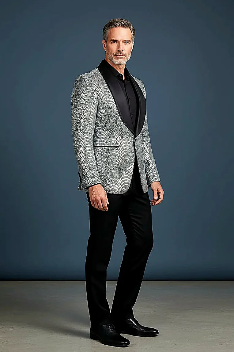 Silver Sequin Blazer showing silver sequins beneath a luxurious satin shawl lapel