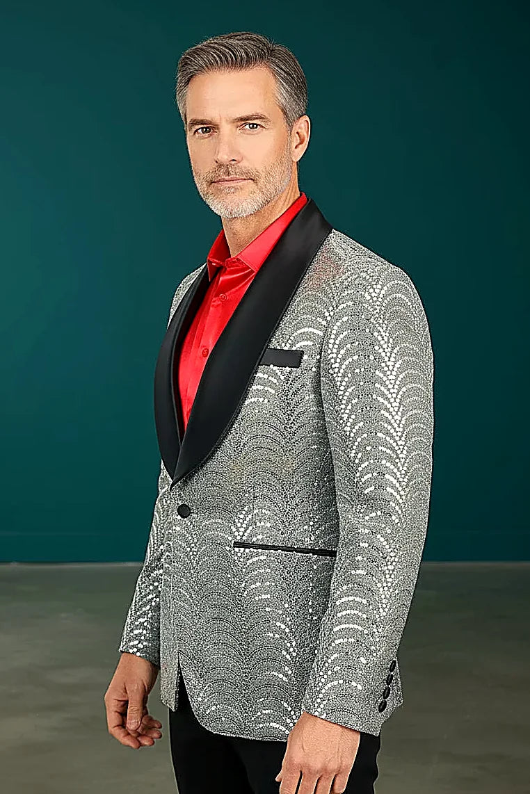 Men's Silver Sequin Blazer - Slim Fit Shawl Lapel Formal Jacket