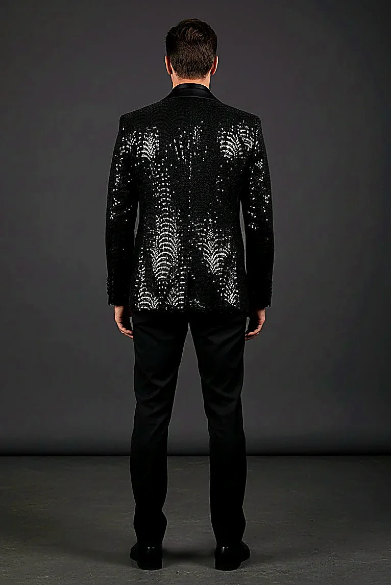 Men's Silver Sequin Blazer - Slim Fit Shawl Lapel Formal Jacket
