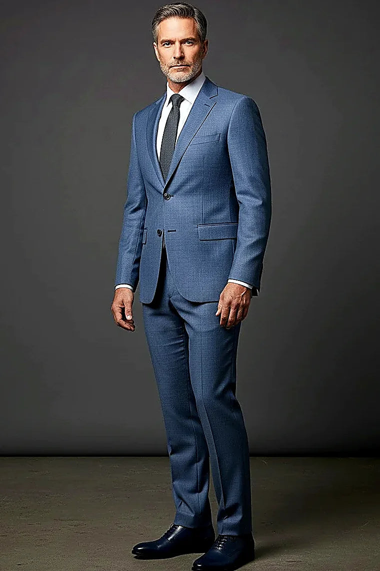 paisley lining in earth tones behind textured blue cloth, on this blue Textured Business Suit