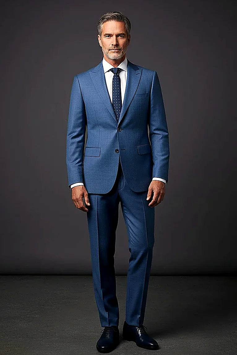 Blue Textured Business Suit — paisley lining in earth tones behind textured blue cloth
