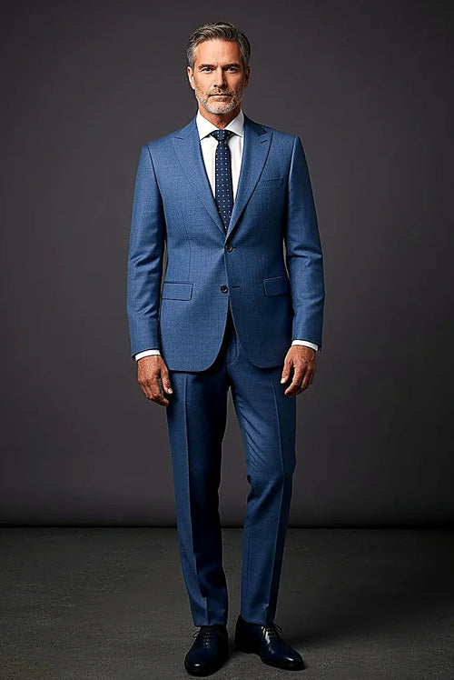 Blue Textured Business Suit — paisley lining in earth tones behind textured blue cloth