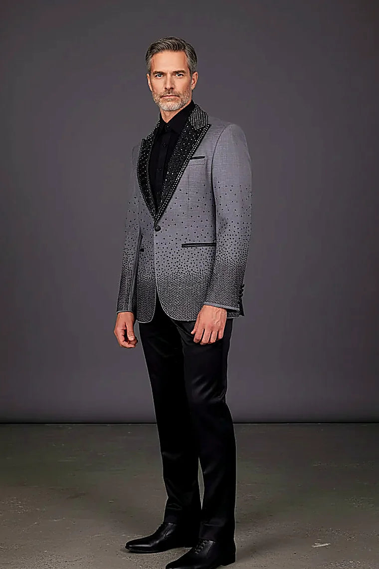 Crystal-Embellished Tuxedo Blazer showing quilted peak lapels hand-set with jet-black crystals