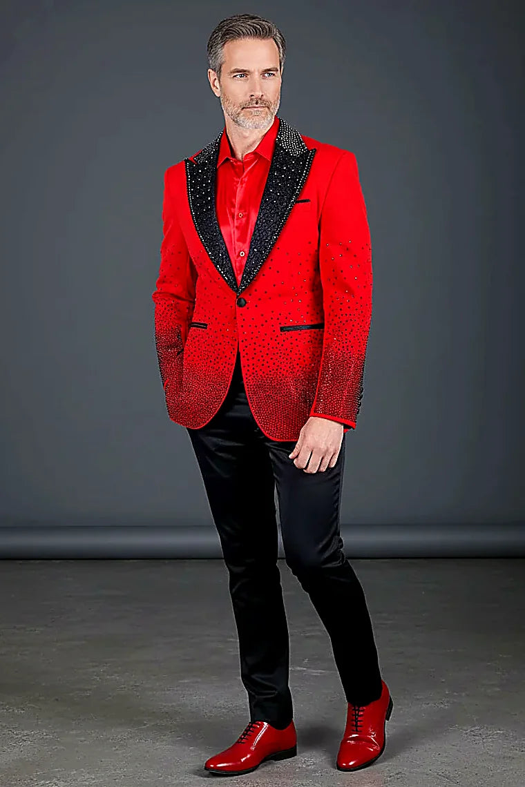 Men’s Slim-Fit Crystal-Embellished Blazer with Studded Quilted Lapels