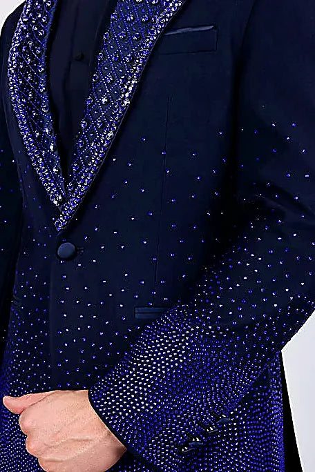 Men’s Slim-Fit Crystal-Embellished Blazer with Studded Quilted Lapels