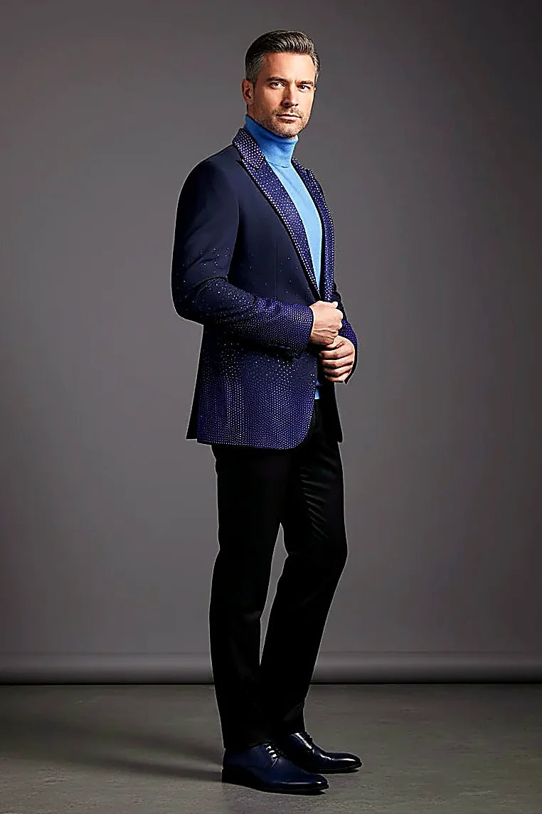 Men’s Slim-Fit Crystal-Embellished Blazer with Studded Quilted Lapels