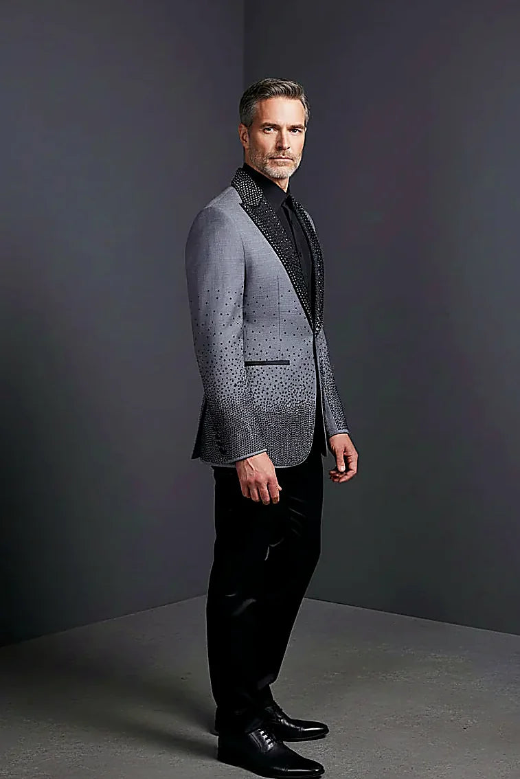 Men’s Slim-Fit Crystal-Embellished Blazer with Studded Quilted Lapels