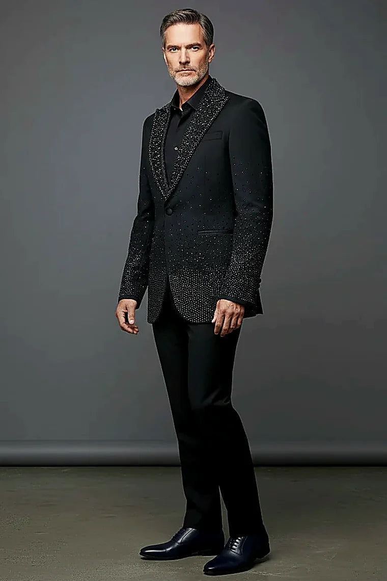 Crystal-Embellished Tuxedo Blazer — quilted peak lapels hand-set with jet-black crystals