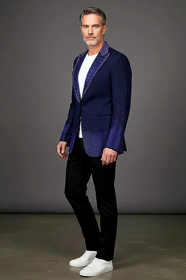 quilted peak lapels hand-set with jet-black crystals, on this crystal-Embellished Tuxedo Blazer