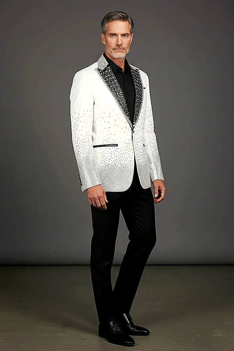 Men’s Slim-Fit Crystal-Embellished Blazer with Studded Quilted Lapels