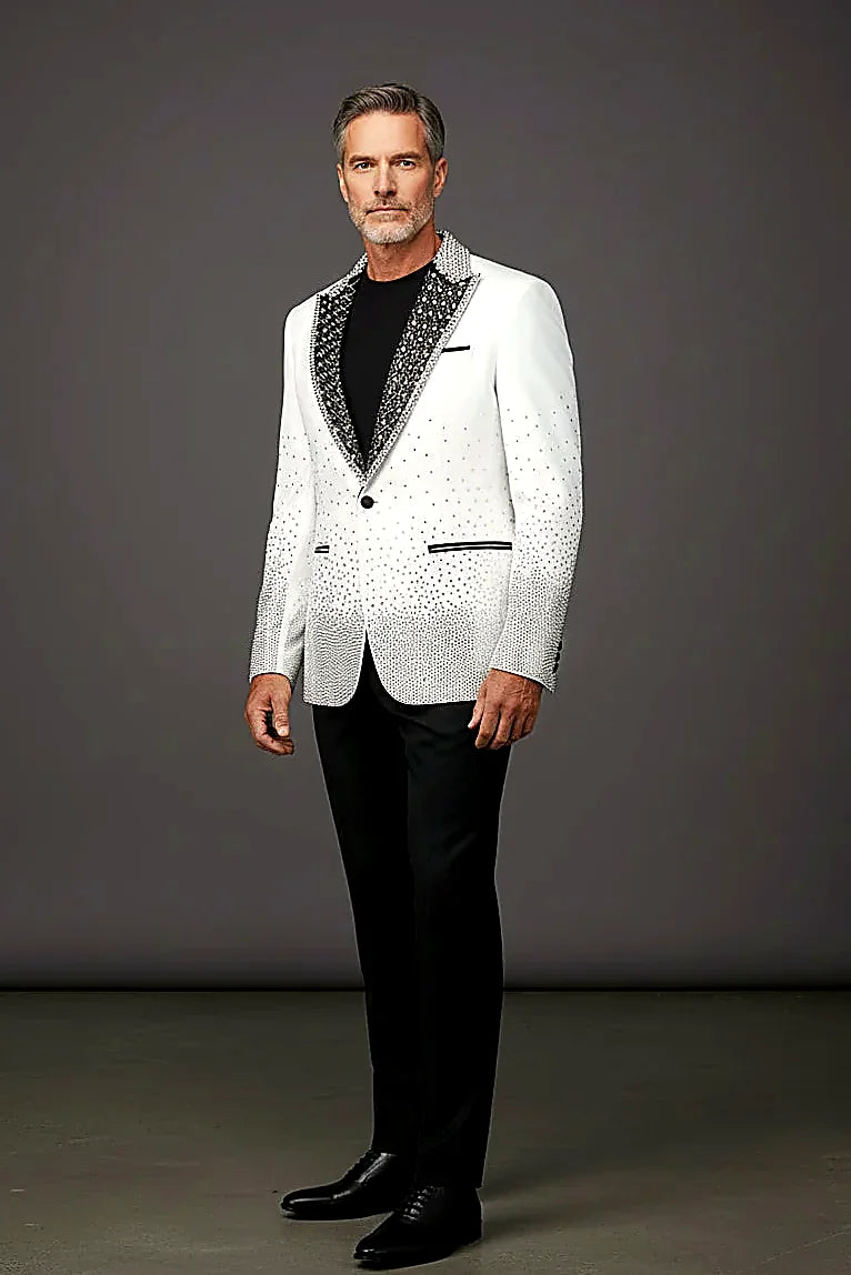 Men’s Slim-Fit Crystal-Embellished Blazer with Studded Quilted Lapels