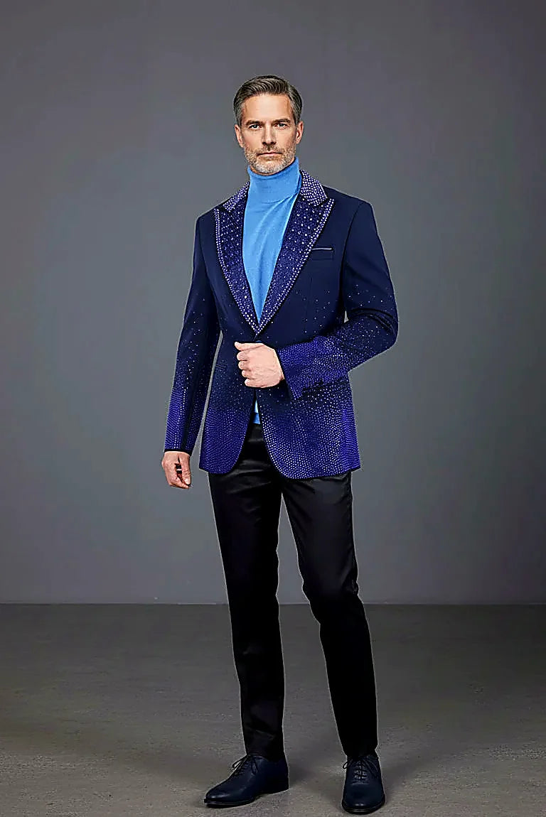 Men’s Slim-Fit Crystal-Embellished Blazer with Studded Quilted Lapels