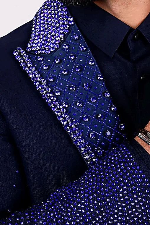 Men’s Slim-Fit Crystal-Embellished Blazer with Studded Quilted Lapels