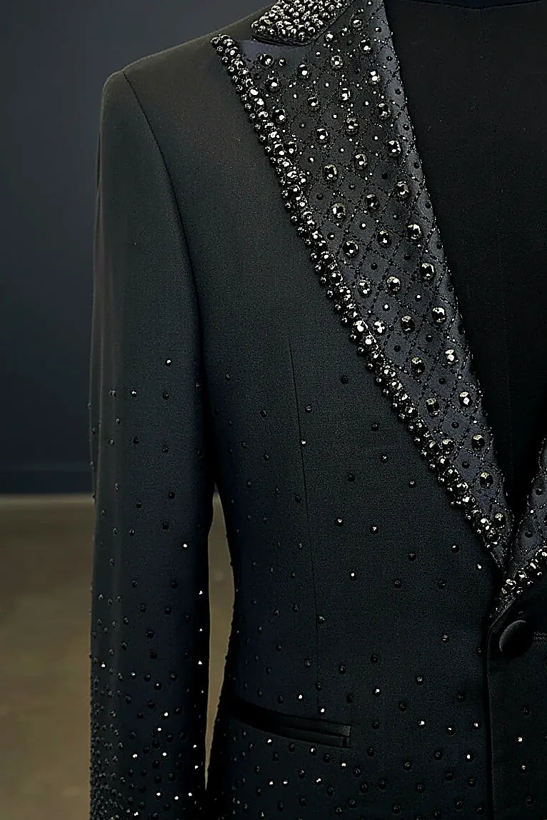 Men’s Slim-Fit Crystal-Embellished Blazer with Studded Quilted Lapels