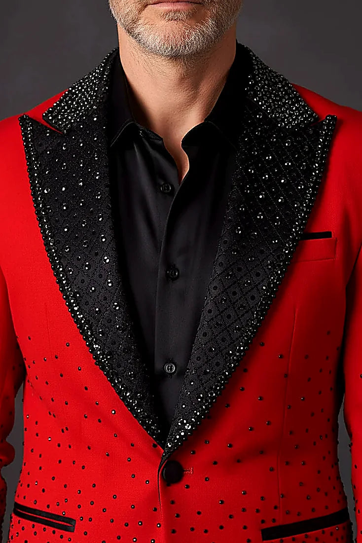 Men’s Slim-Fit Crystal-Embellished Blazer with Studded Quilted Lapels