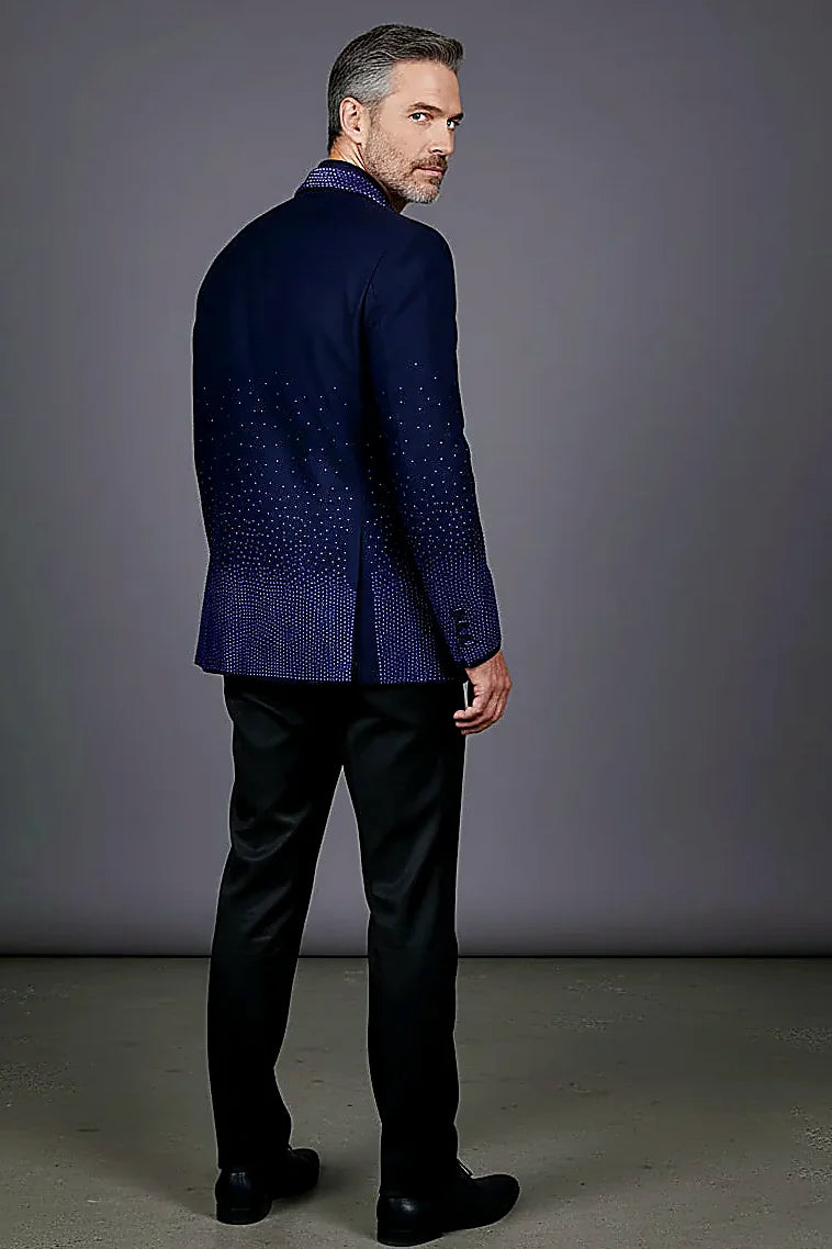 Men’s Slim-Fit Crystal-Embellished Blazer with Studded Quilted Lapels