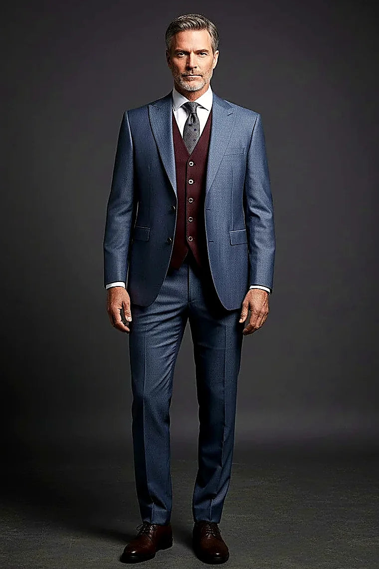 a reversible vest offering navy and brown faces, on this navy Three-Piece Suit with Reversible Vest