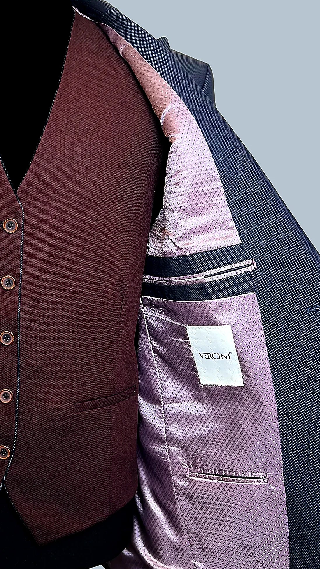 Men's Three-Piece Suit with Reversible Vest - Navy Blue