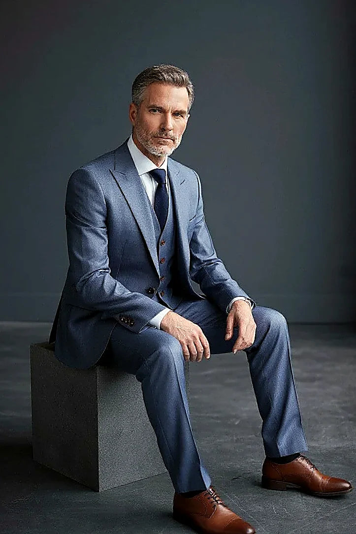Men's Three-Piece Suit with Reversible Vest - Navy Blue