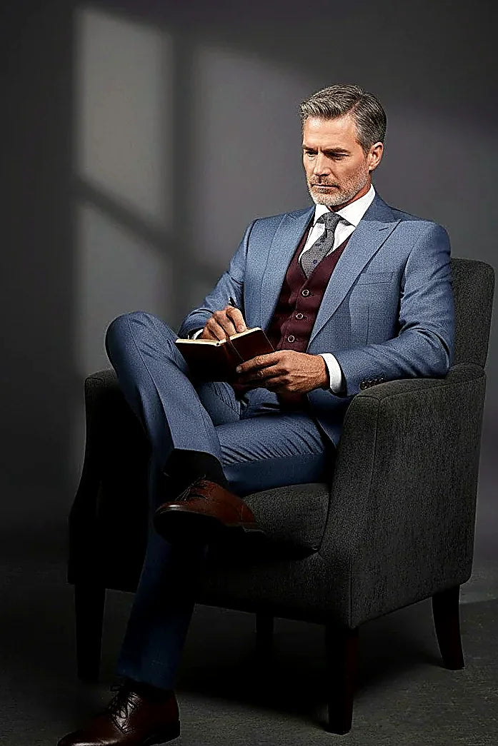 Men's Three-Piece Suit with Reversible Vest - Navy Blue