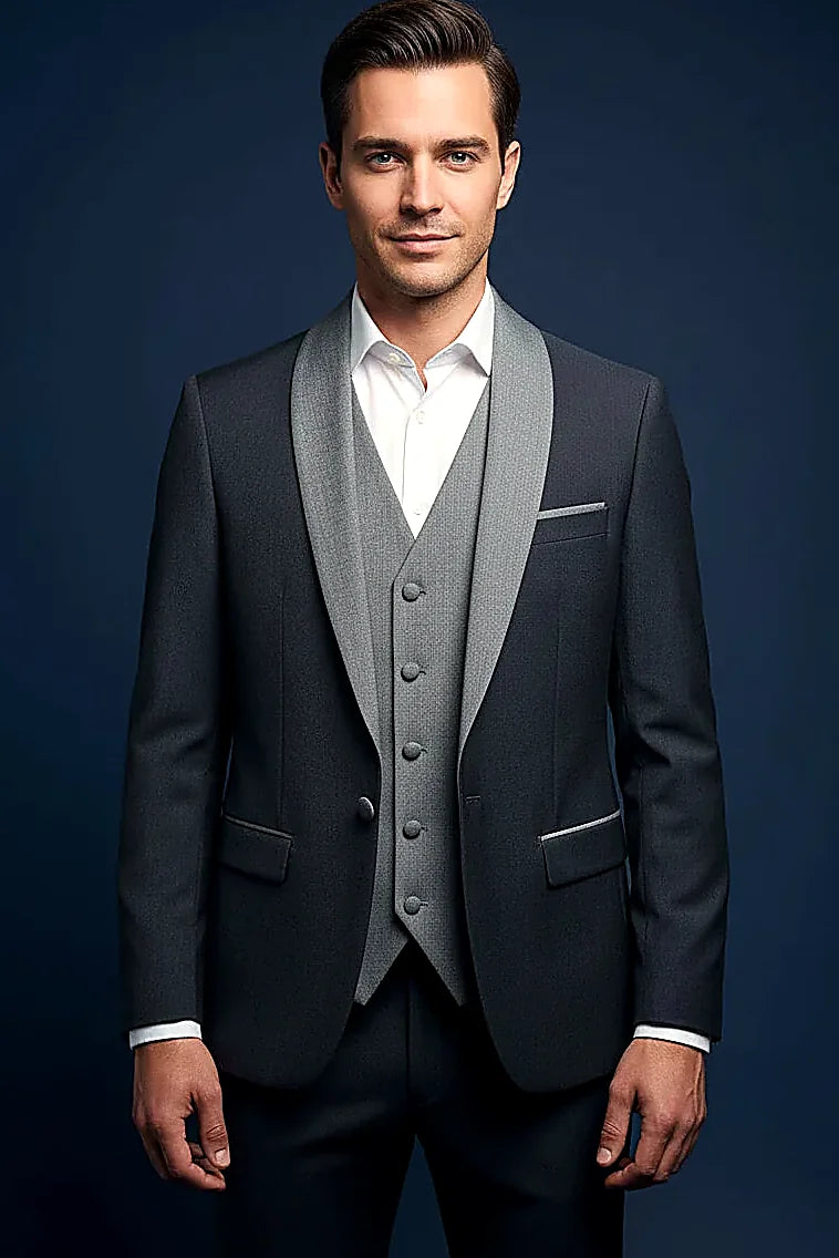 a smooth shawl lapel above a two-tone contrast body