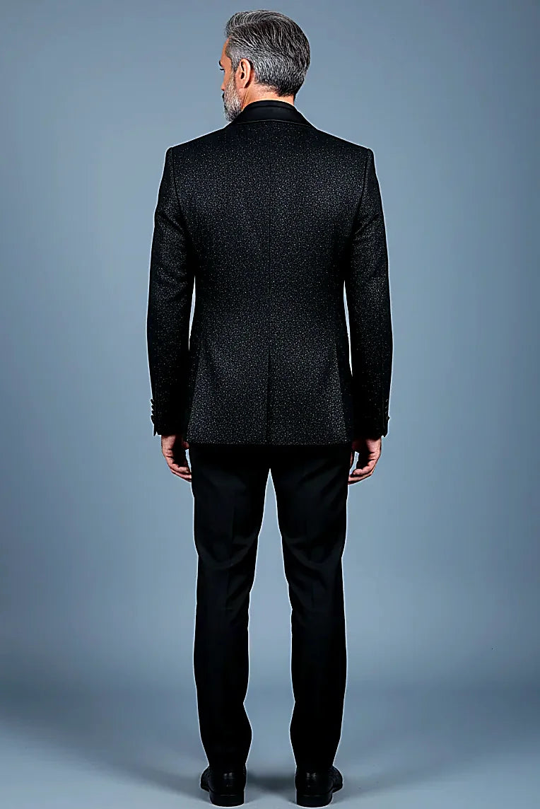 a subtle shimmer finish beneath a satin shawl lapel