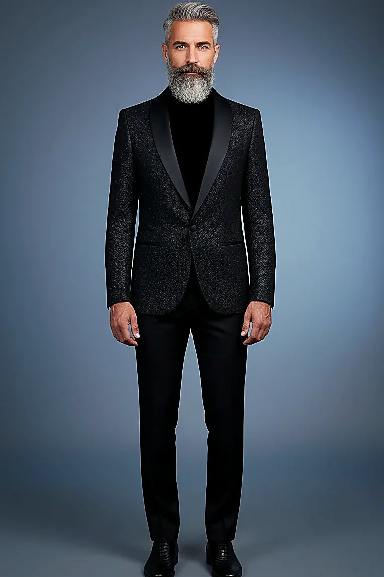 Black Tuxedo Jacket showing a subtle shimmer finish beneath a satin shawl lapel