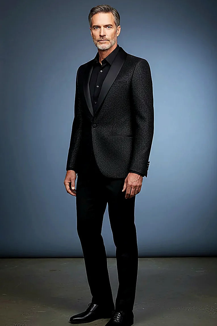 a subtle shimmer finish beneath a satin shawl lapel, on this black Tuxedo Jacket