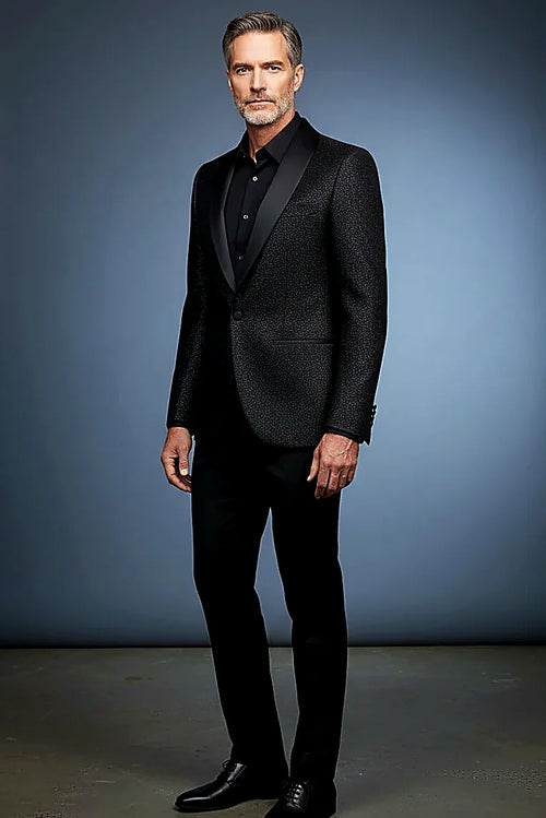 a subtle shimmer finish beneath a satin shawl lapel, on this black Tuxedo Jacket