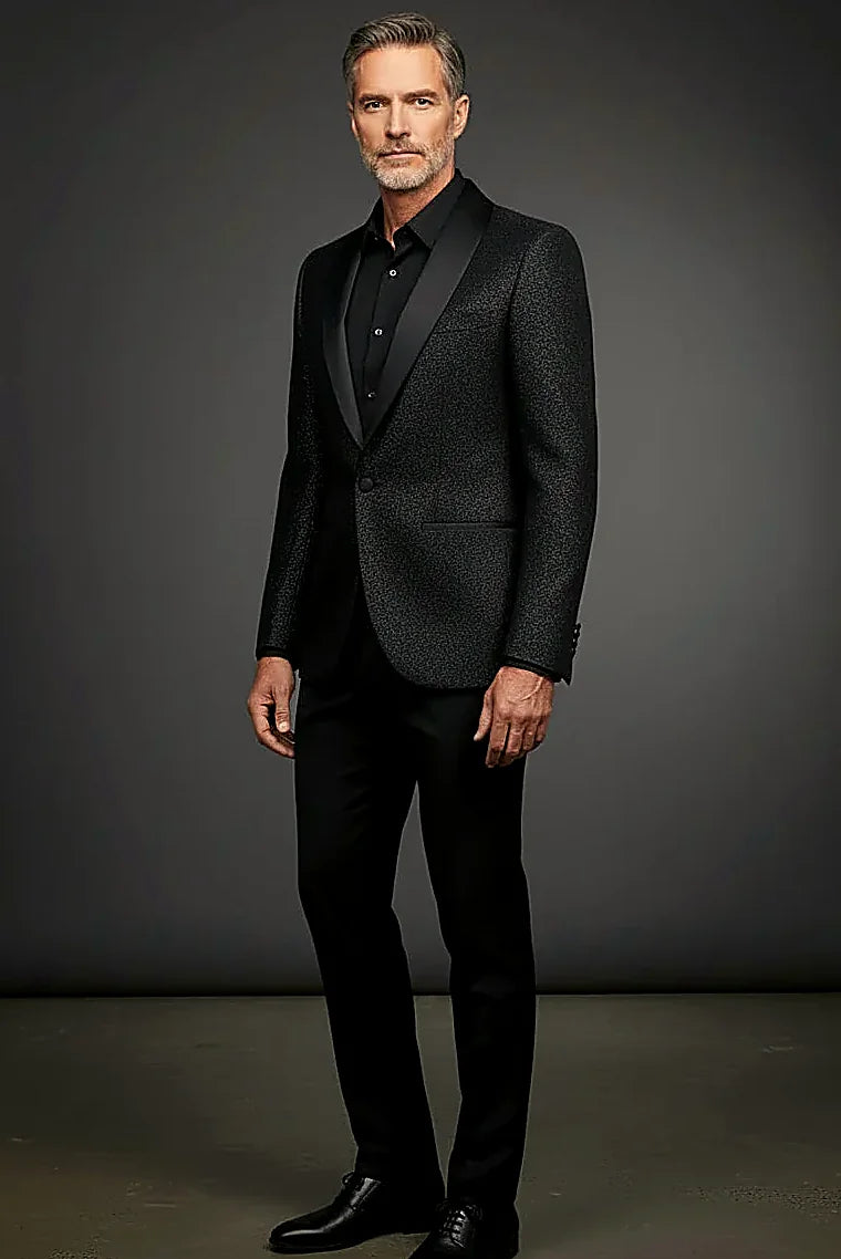 Black Tuxedo Jacket — a subtle shimmer finish beneath a satin shawl lapel