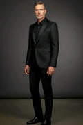 Black Tuxedo Jacket — a subtle shimmer finish beneath a satin shawl lapel