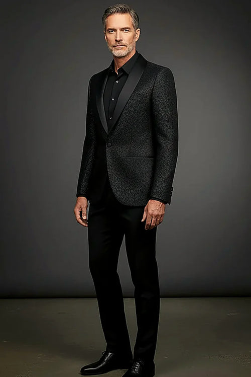 Black Tuxedo Jacket — a subtle shimmer finish beneath a satin shawl lapel