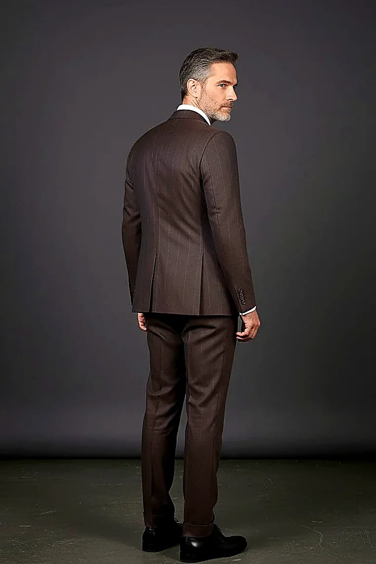 subtle pinstripes running through espresso brown cloth, on this espresso Brown Double-Breasted Suit