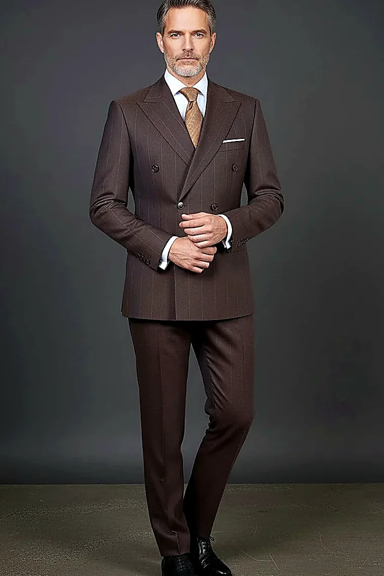 Espresso Brown Double-Breasted Suit — subtle pinstripes running through espresso brown cloth
