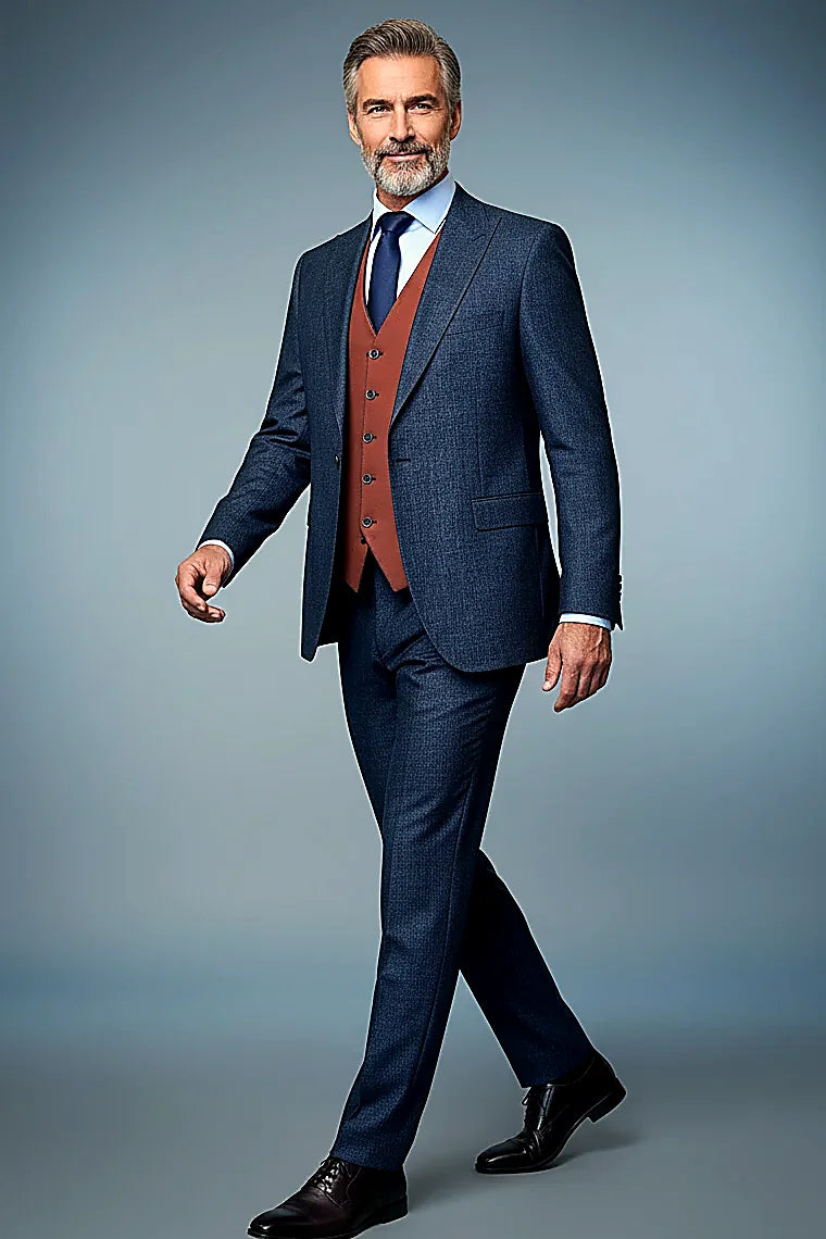 a five-button reversible vest in terra jacquard and navy