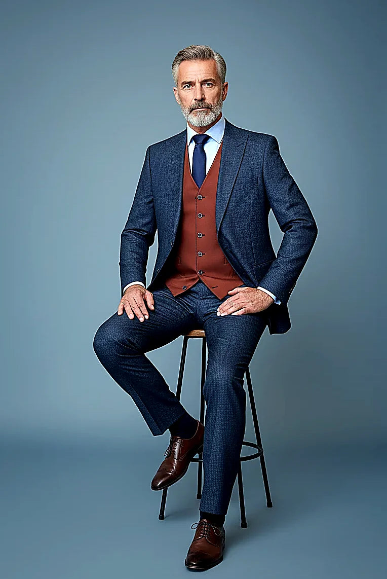 Navy Terra Jacquard Three-Piece showing a five-button reversible vest in terra jacquard and navy