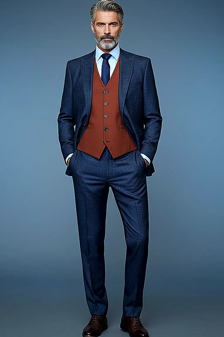 Navy Terra Jacquard Three-Piece — a five-button reversible vest in terra jacquard and navy