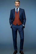Navy Terra Jacquard Three-Piece — a five-button reversible vest in terra jacquard and navy