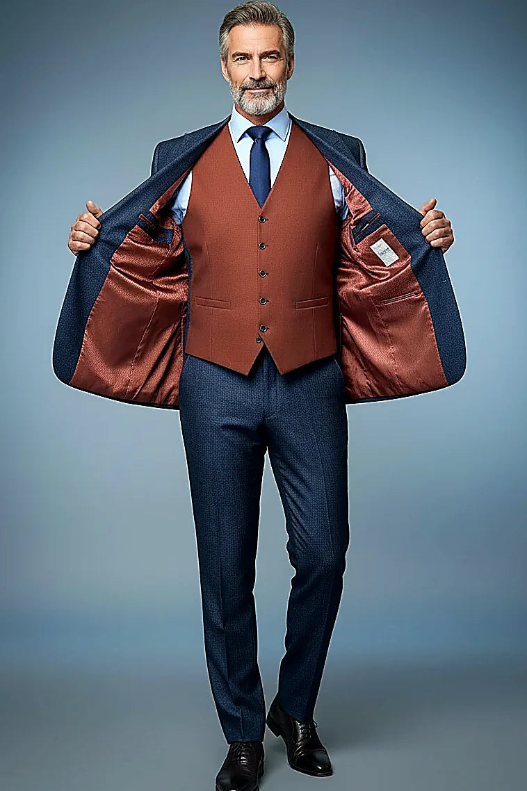 a five-button reversible vest in terra jacquard and navy, on this navy Terra Jacquard Three-Piece
