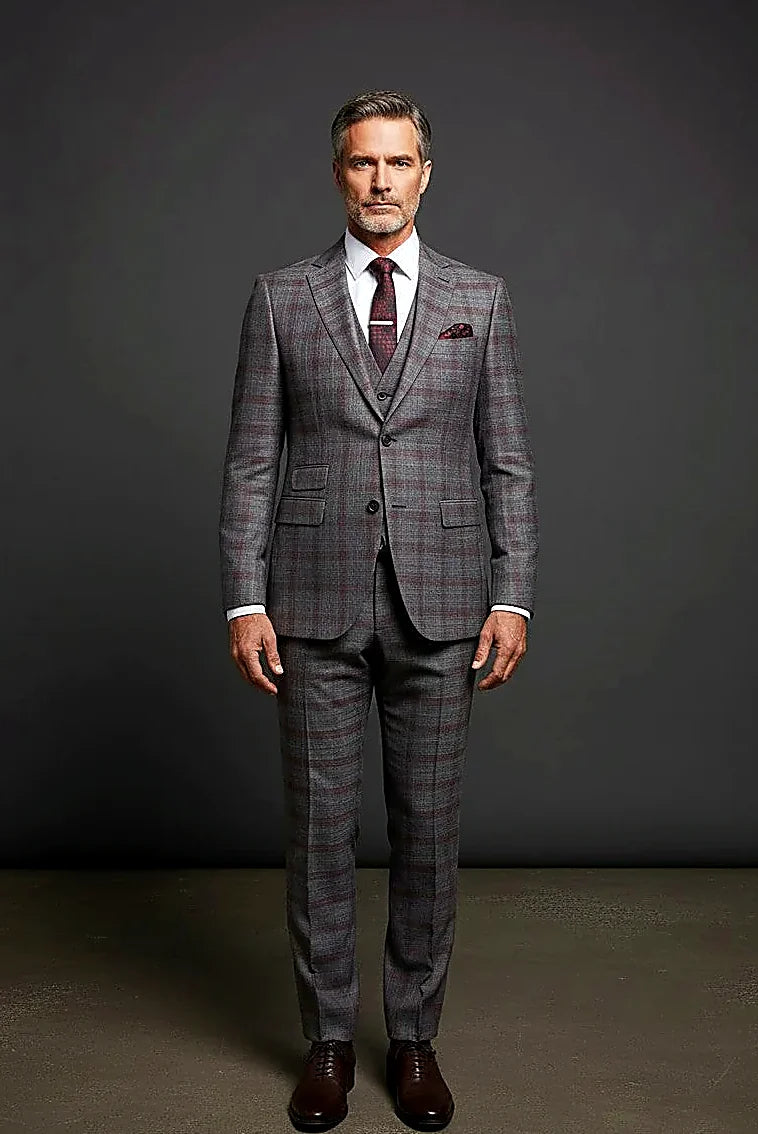 Navy Plaid Three-Piece Suit with Vest — a contemporary plaid across navy blue suiting