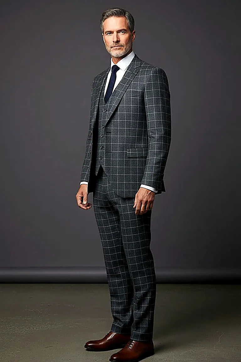 a contemporary plaid across navy blue suiting, on this navy Plaid Three-Piece Suit with Vest