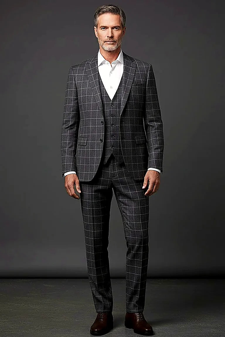 Navy Plaid Three-Piece Suit with Vest showing a contemporary plaid across navy blue suiting