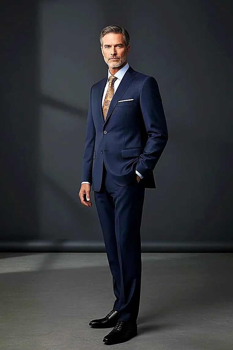 a subtle vertical pinstripe on 100% navy wool, on this navy Pinstripe Wool Suit