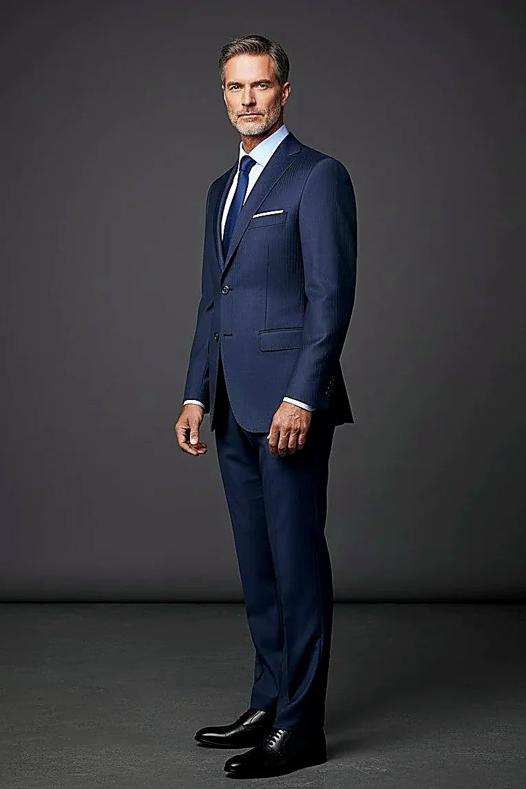 Navy Pinstripe Wool Suit — a subtle vertical pinstripe on 100% navy wool