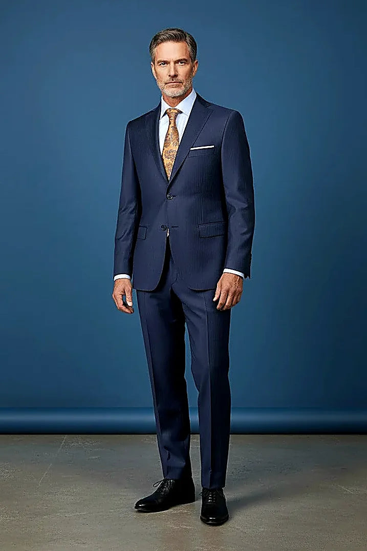 Navy Pinstripe Wool Suit showing a subtle vertical pinstripe on 100% navy wool